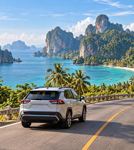 Rental SUV on a coastal road in southern Thailand with limestone islands